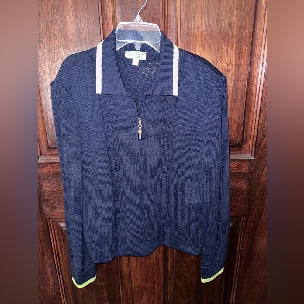 ST. JOHN‎ SPORT Navy Knit Full Zip Up Collar Track Cardigan Sweater Size Medium